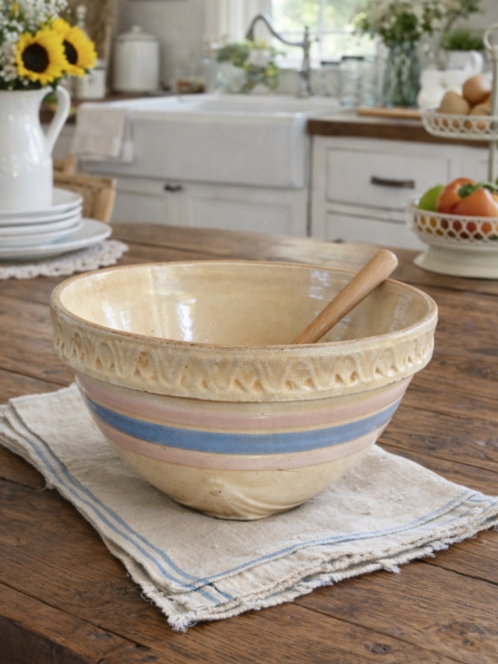 Antique Stoneware Mixing Bowl with Blue & Pink Glaze Stripe 10"